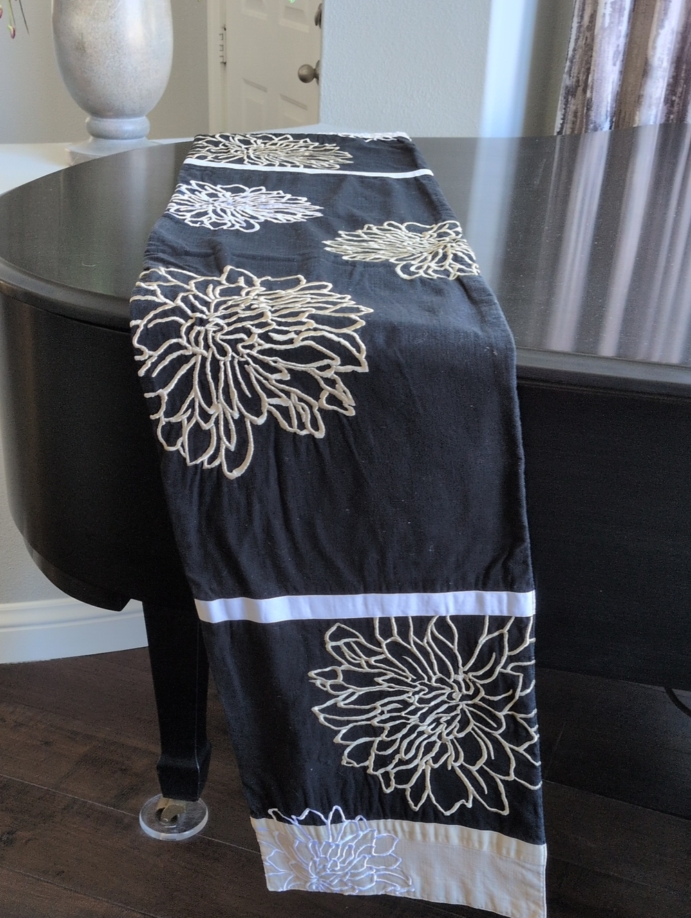 Black Table Runner with White And Cream/Tan Floral Embroidery